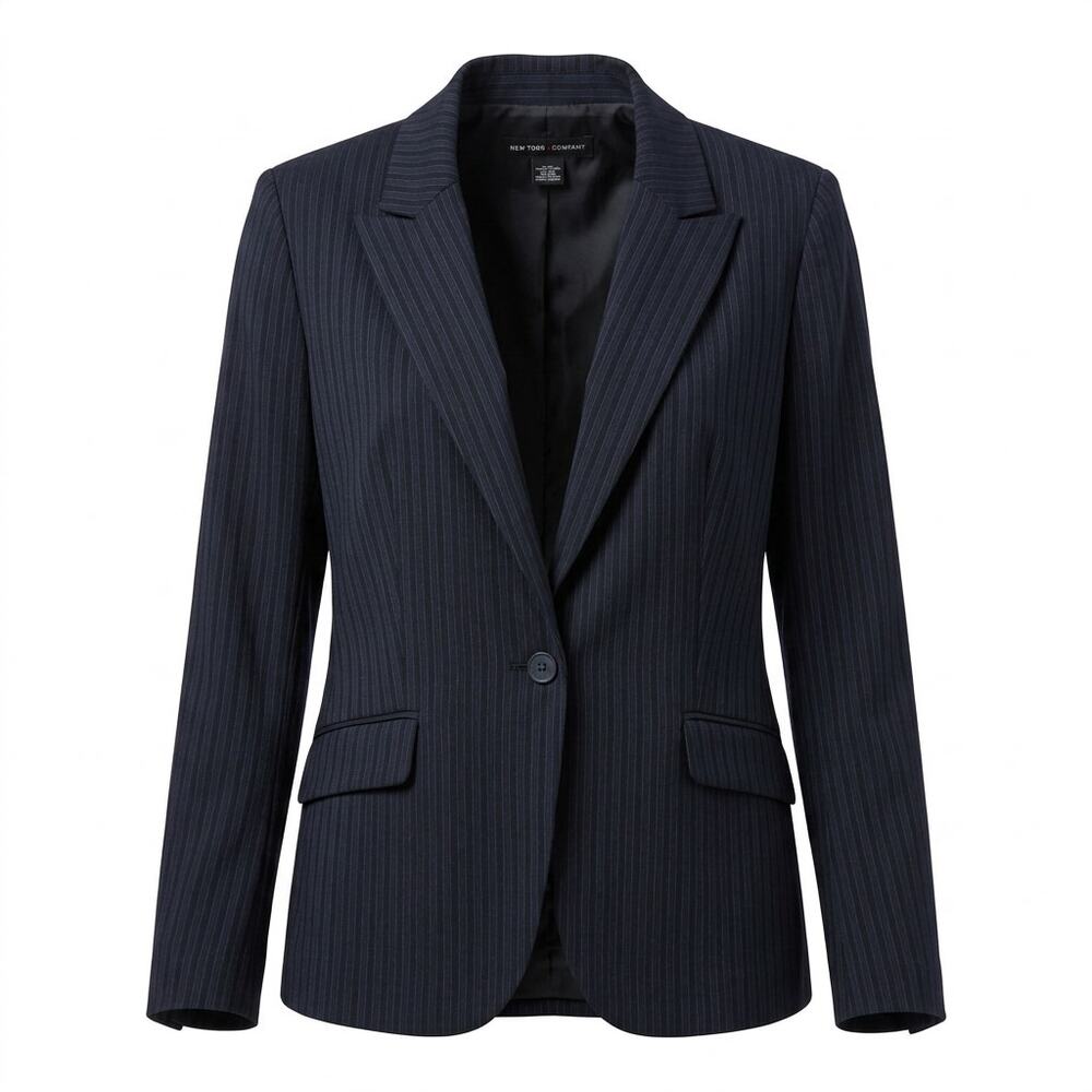 New York & Company Navy Pinstripe Lined Blazer Women Size 14